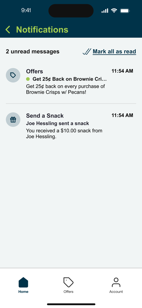 Connect & Pay - Bildschirm mit Benachrichtigungen der Connect and Pay App, der Snack-Angebote und erhaltene Snack-Geschenke anzeigt