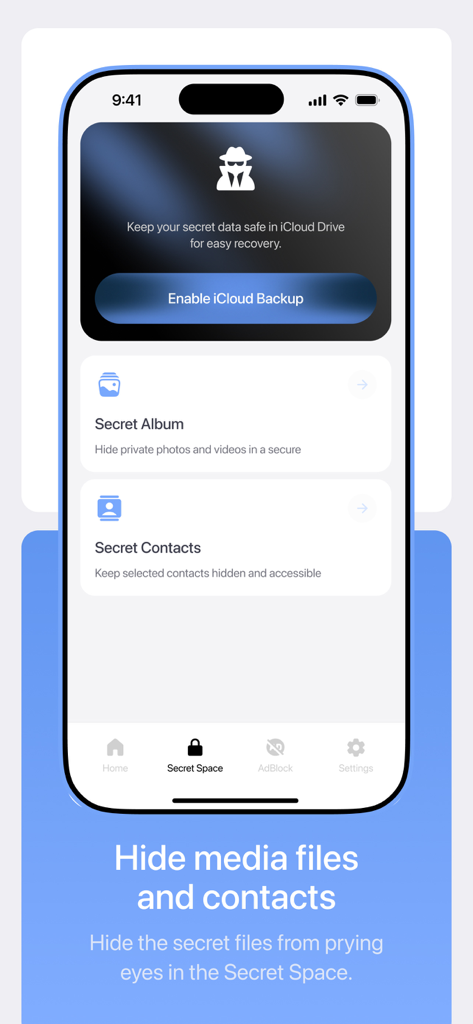Blyss - cleaner app - Blyss cleaner app interface showing the Secret Space feature to hide private photos and contacts on an iPhone