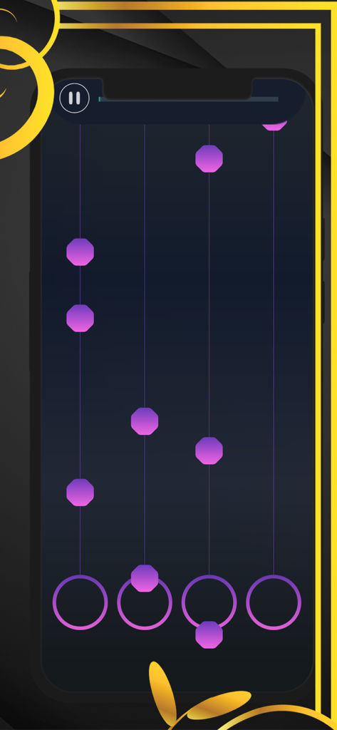Rhythm game interface in BLINK fan game with falling purple hexagonal notes on four lanes