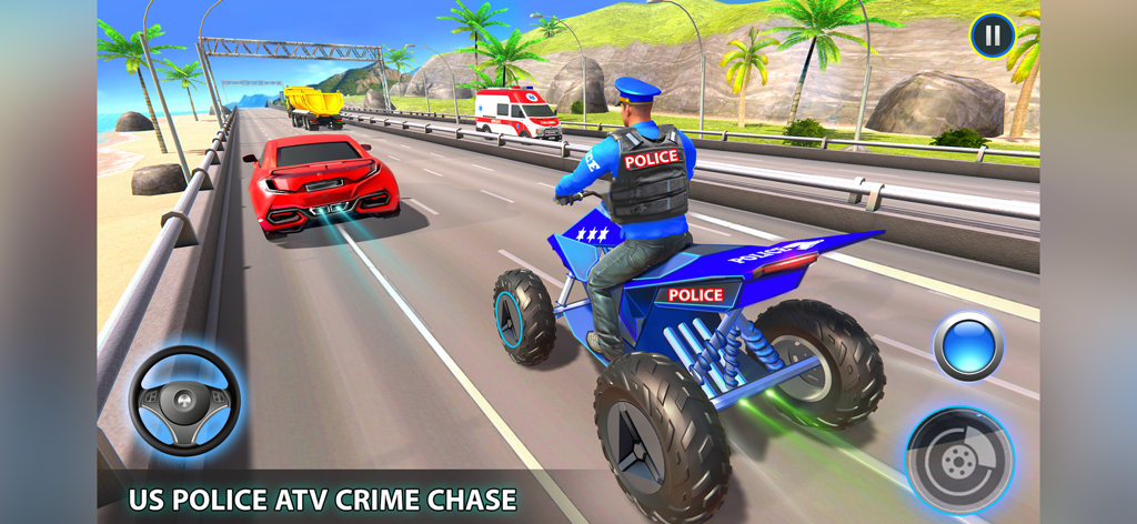 Un oficial de policía montando un quad azul persiguiendo a un coche deportivo rojo en una autopista costera.