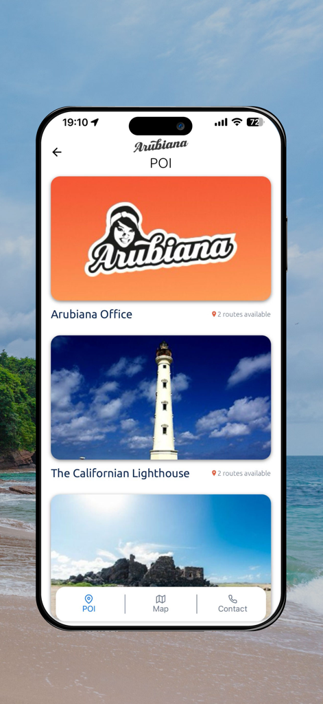 Arubiana - Points of interest list in the Arubiana app featuring the Californian Lighthouse