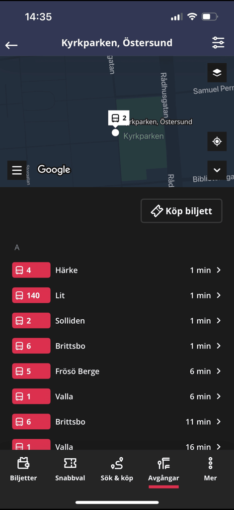 Länstrafiken Jämtland - Mobile app screen showing real-time bus departures and map for Kyrkparken in Ostersund Sweden