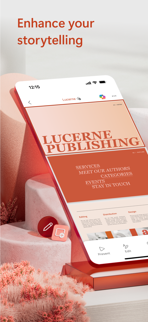 Microsoft PowerPoint mobile app interface showing a professional presentation deck with the headline Enhance your storytelling.