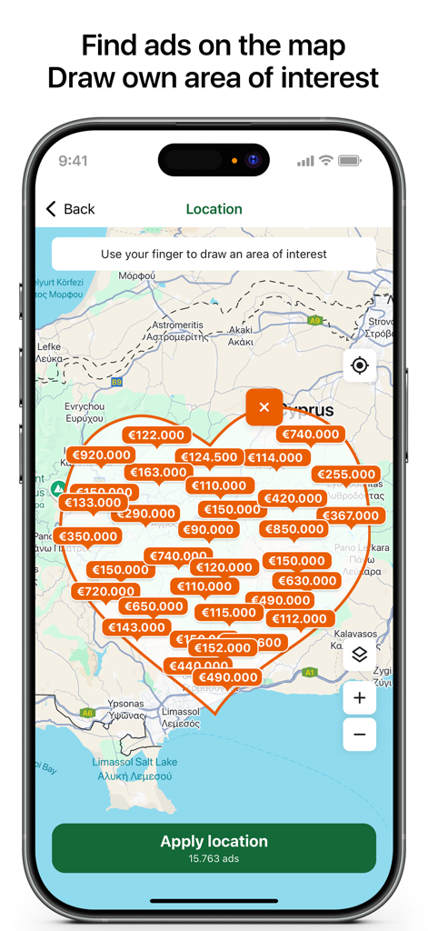 Bazaraki - Capture d'écran de l'application Bazaraki montrant une carte de Chypre avec une zone de recherche personnalisée en forme de cœur pour les annonces classées