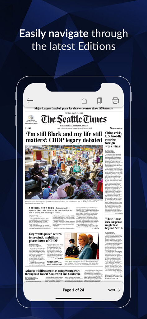 Smartphone displaying the front page of The Seattle Times digital print replica