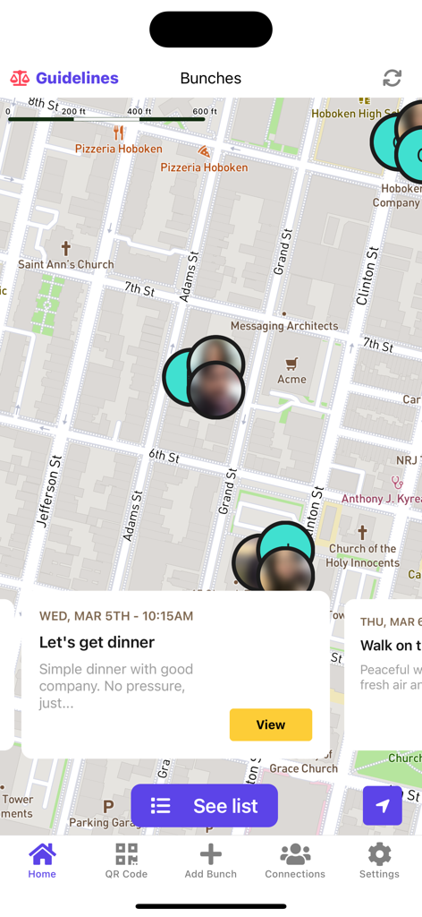 Bunch - Social App - Map interface of the Bunch social app showing local meetup groups and event details for a small group dinner