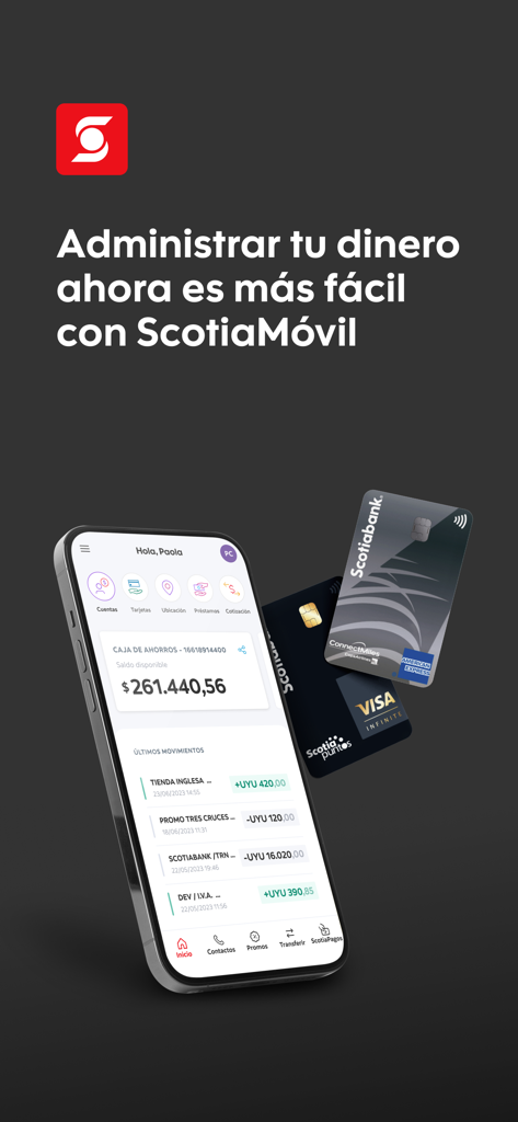 Scotia Movil app showing account balance and recent transactions on a smartphone next to credit cards