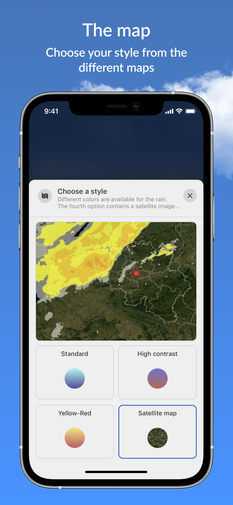 Pantalla del teléfono inteligente que muestra la selección del estilo del mapa para el radar de lluvia en la aplicación meteorológica KMI-IRM
