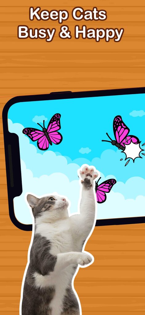 A cat reaching its paw towards digital pink butterflies on a smartphone screen.