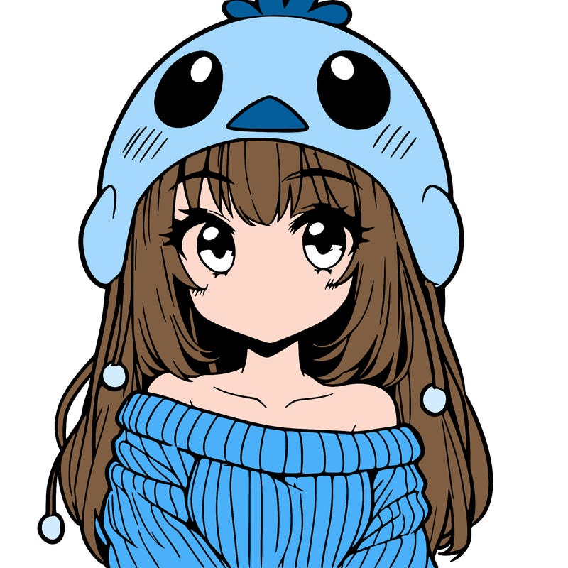 anime girl with chick shaped hat with sweater with bare shoulders with bangs covering them one eye with low tail