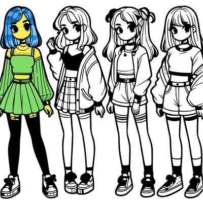 one girl with crop-top shirt and a jacket with a skirt, long socks and another girl with a shirt and pants with a jacket