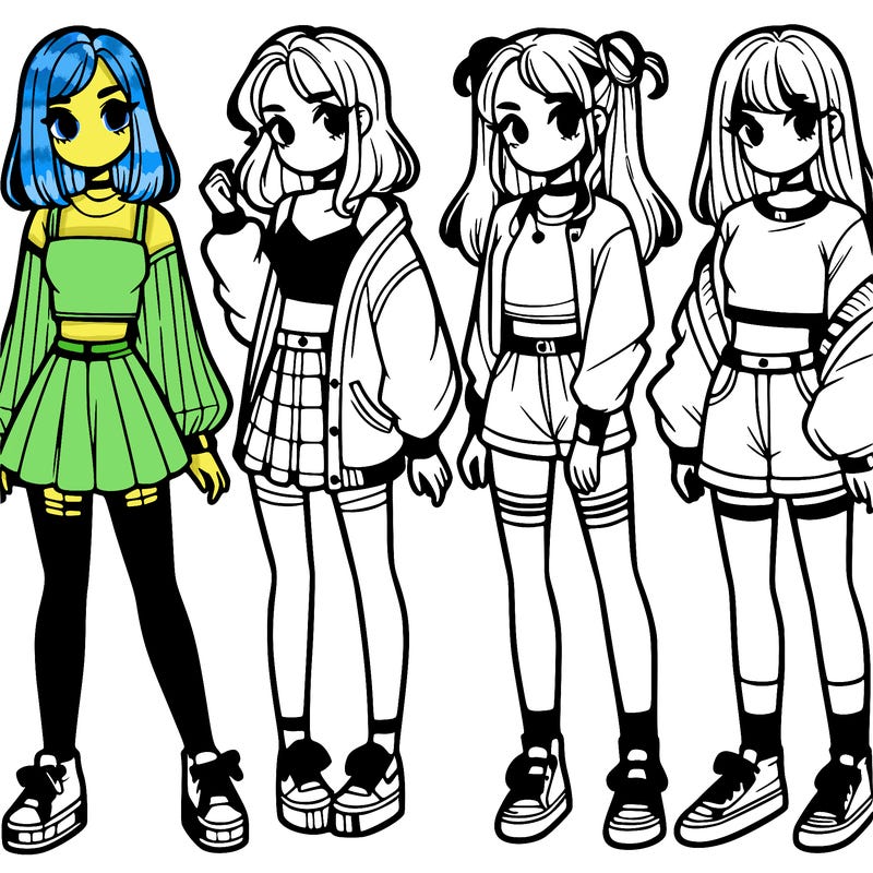 one girl with crop-top shirt and a jacket with a skirt, long socks and another girl with a shirt and pants with a jacket