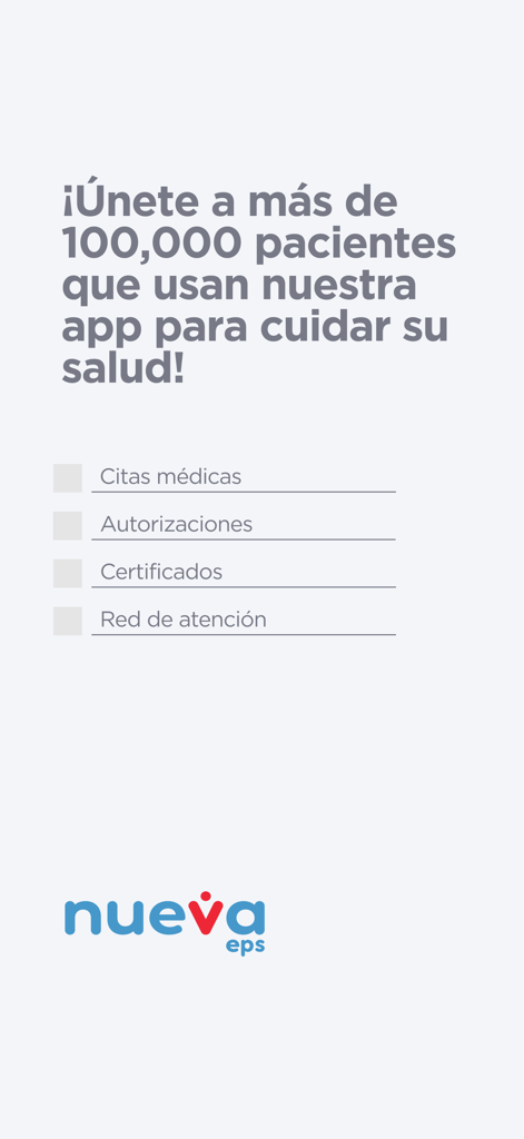 Captura de tela do aplicativo móvel Nueva EPS exibindo serviços de saúde como autorizações de consultas médicas e certificados
