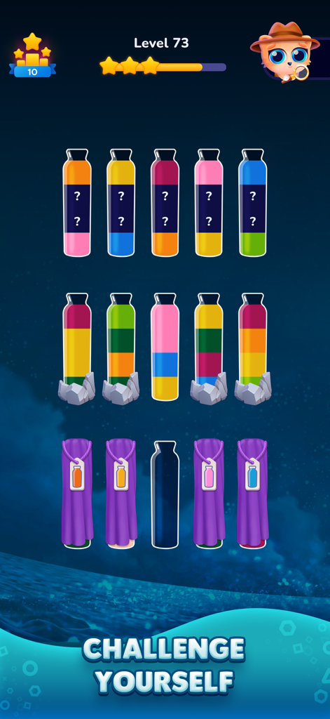 Water Sort Puzzle: Get Color - Gameplay screenshot of Water Sort Puzzle showing a challenging level with colorful liquids in test tubes