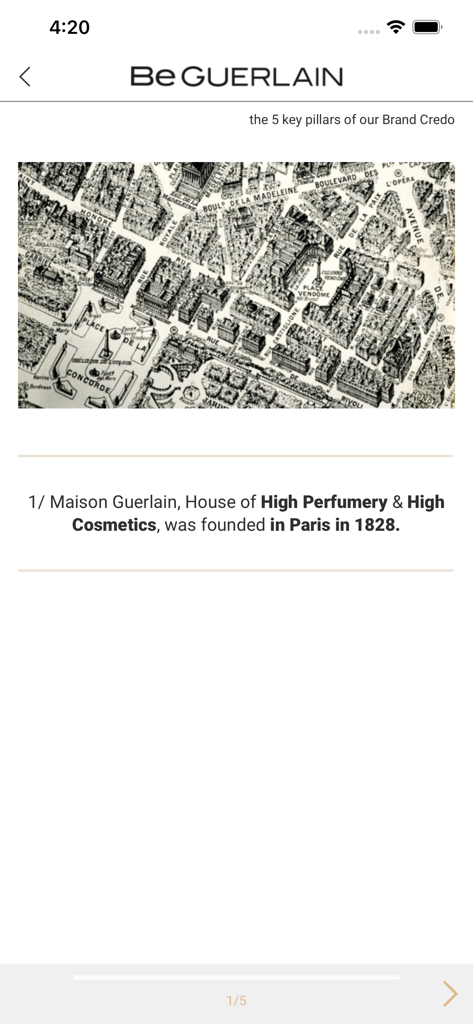 Be GUERLAIN - A training screen in the Be GUERLAIN app featuring a map of Paris and text describing the brand founding in 1828.