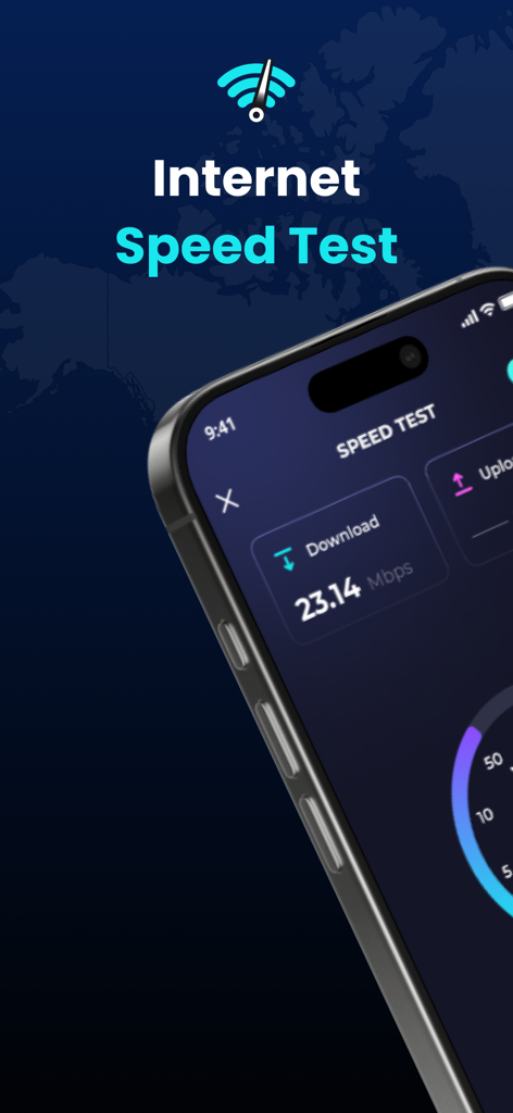WiFi Analyzerアプリのインターフェイスに、ダウンロード速度23.14 Mbpsのインターネットスピードテスト結果が表示されています。