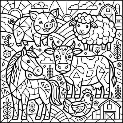Discover the joy of farm life with this charming stained glass coloring page featuring your favorite barnyard friends. Each animal is transformed into a beautiful mosaic, ready for your creative touch and vibrant colors.