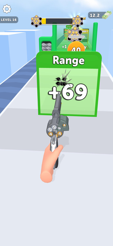 A first person view of a hand holding a revolver shooting a green upgrade gate labeled Range plus 69 in Revolver Rush