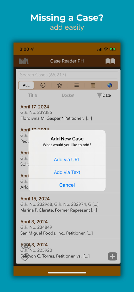 CaseReaderPH - CaseReaderPH app interface showing the add new case popup with options to import via URL or text