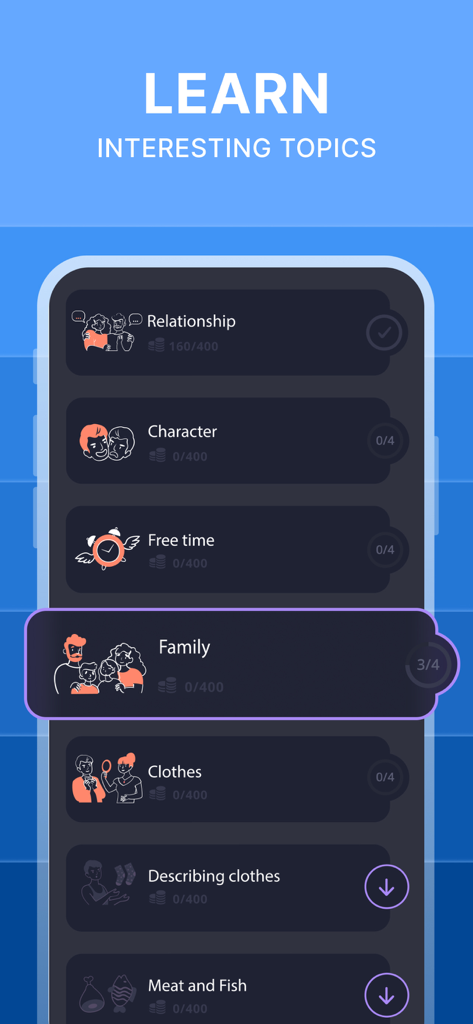Learn English A1-C1: 2Shine - Interfaz de la aplicación 2Shine mostrando una lista de temas de vocabulario de inglés como Familia y Ropa para diferentes niveles de aprendizaje.