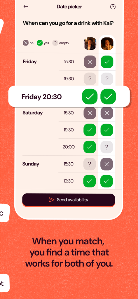 Écran de l'application Breeze montrant un sélecteur de date pour trouver un moment commun pour un rendez-vous
