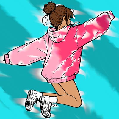 realistic girl jumping with a bun and oversized sweatshirt
