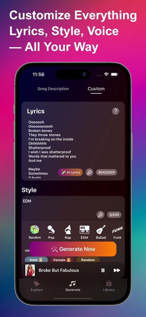 Sonic AI Songs & Music Maker - Pantalla de smartphone que muestra la aplicación Sonic AI music maker con letras personalizadas y selección de estilo