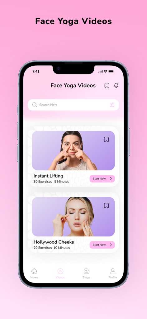 Face Yoga TG - Face Yoga TG app screen showing video tutorials for face lifting and facial exercises