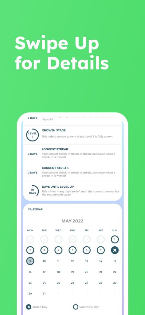 SEEDS - Habit Tracker - SEEDS habit tracker analytics dashboard showing growth stage streaks and a monthly progress calendar