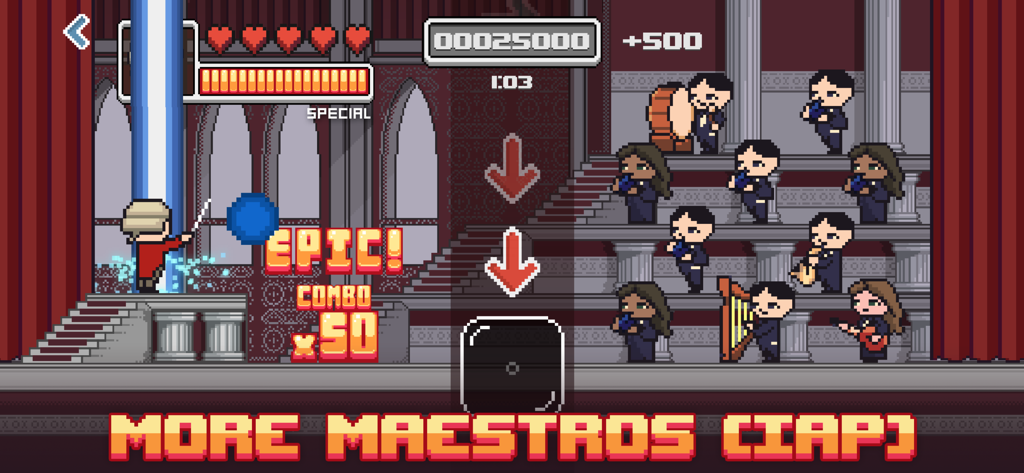 Um maestro regendo uma orquestra em pixel art em uma interface de jogo de ritmo de música clássica.