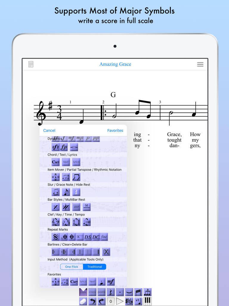 iWriteMusic Pro - iPad screen displaying the iWriteMusic Pro app with a sheet music score and a selection menu of musical notation symbols
