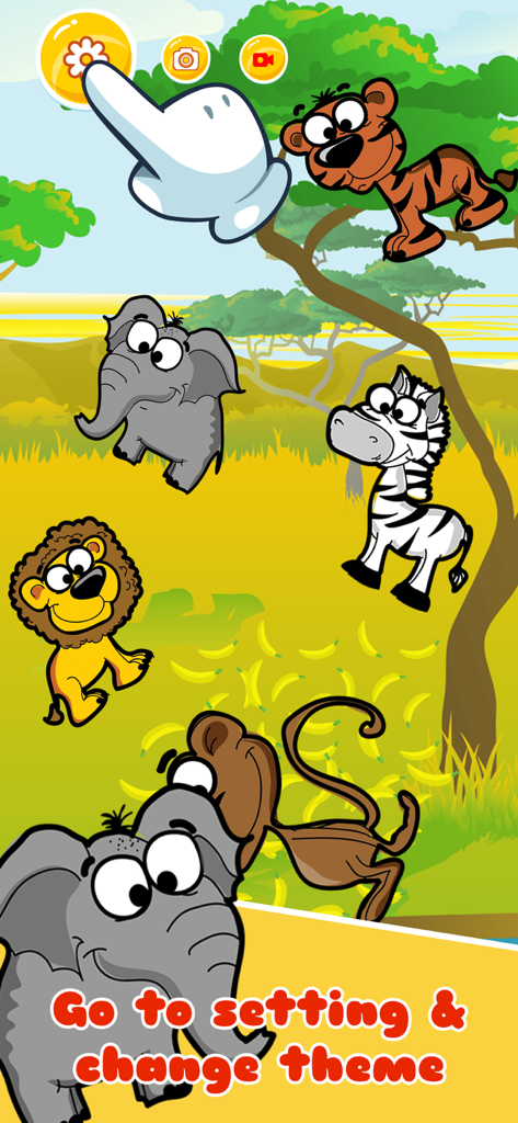 Baby rattle games: Kids lock - A colorful jungle scene from the Baby Rattle app featuring cartoon elephants, lions, and zebras with a prompt to change themes in settings.