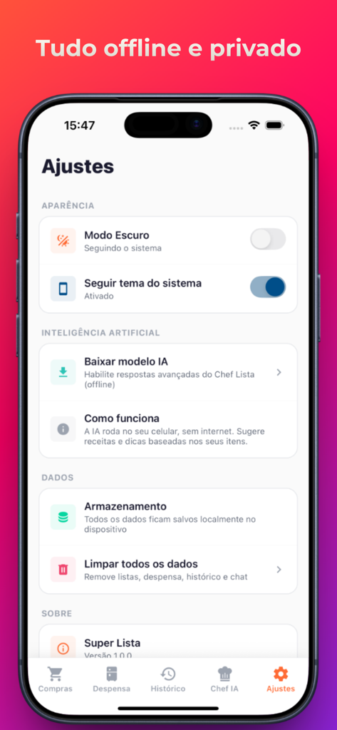 Settings menu in the Super Lista app showing privacy controls and offline AI model download.