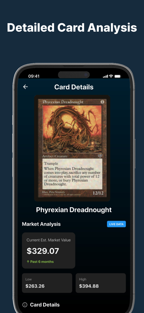 TCG Player: Poke Card Scanner - A detailed card analysis screen in the TCG Player app showing market value and price trends for a trading card