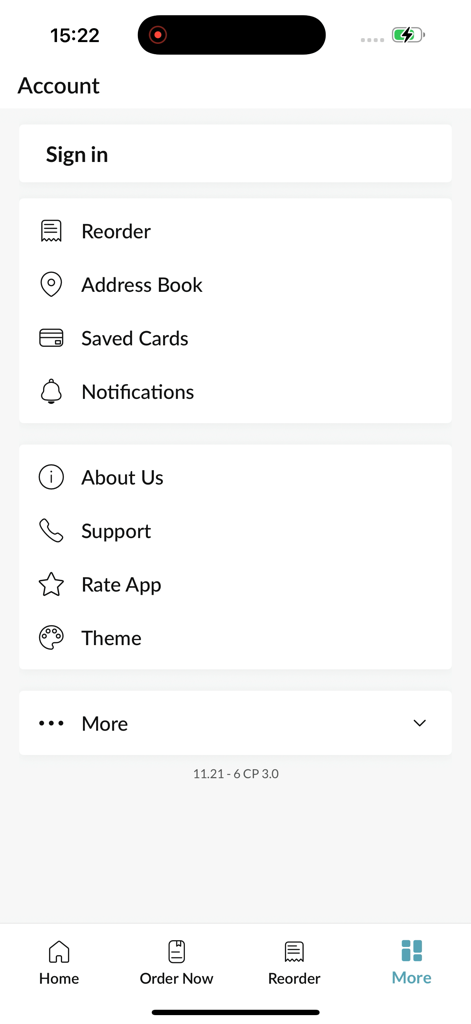 Chunky - Account settings menu in the Chunky food delivery app showing options for reordering and address book