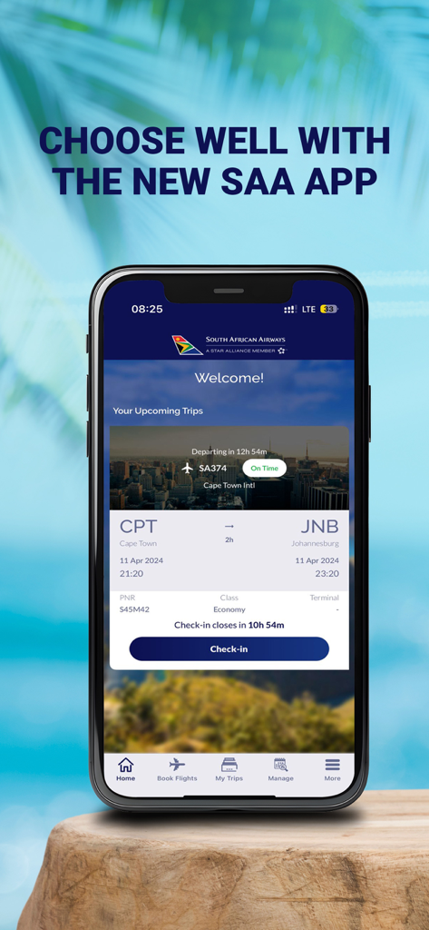 South African Airways - South African Airways mobile app displaying upcoming trip details and a check-in button.