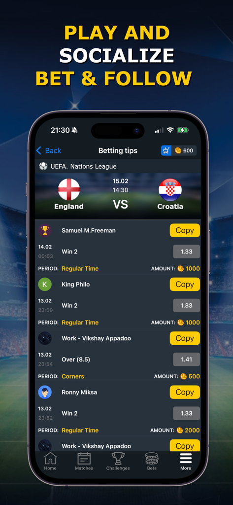 Pantalla de la aplicación Bet Up que muestra consejos de apuestas sociales y predicciones de fútbol