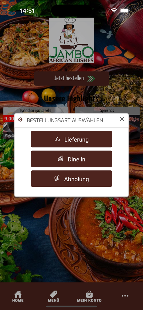 Jambo African Dishes - A mobile app screen showing options for delivery dine-in or pickup from Jambo African Dishes