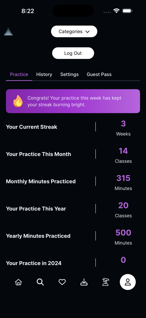 Inner Dimension - A user profile screen in the Inner Dimension app showing yoga practice statistics including a three week streak and monthly minutes practiced.