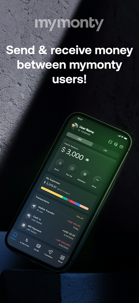 Panel de la aplicación mymonty en un smartphone mostrando un saldo de billetera de 3000 USD y el historial de transacciones con opciones para enviar y recibir dinero