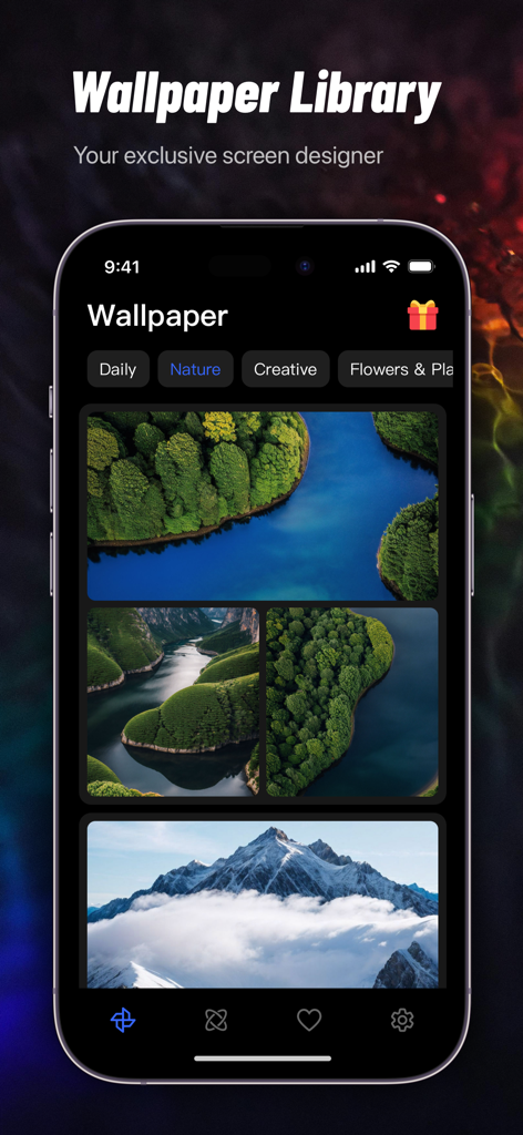 Interface do aplicativo Wallpapers de IA mostrando a categoria natureza com opções de fundo de floresta e montanha.