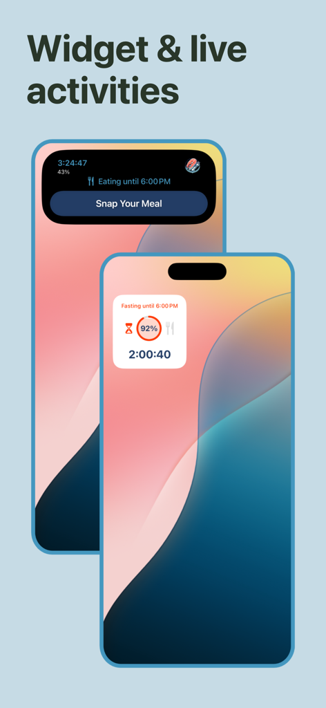 Screenshots of OMAD Snap showing fasting timer widgets and live activities on an iPhone