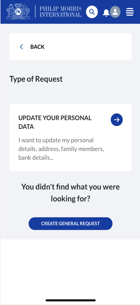 My-PMI - Interface of the My-PMI mobile app showing the request type selection screen for employees to update personal data or create a general inquiry