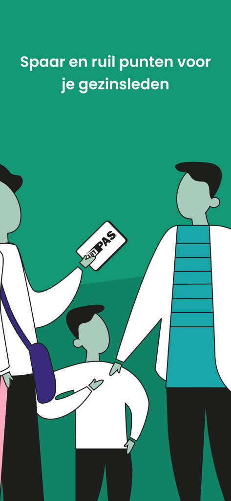 An illustration of a family using the UiTPAS app to save and exchange loyalty points for household members