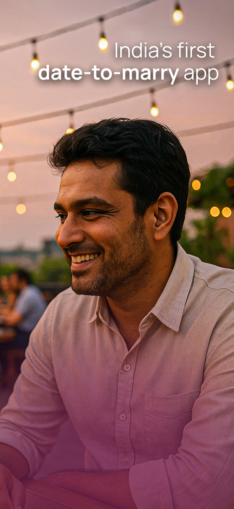 Smiling young South Asian man on the Aisle date to marry app screen