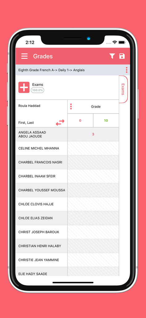 eSchool Gradebook - Mobile interface of eSchool Gradebook app showing a student list and grade entry table for an eighth grade class assessment