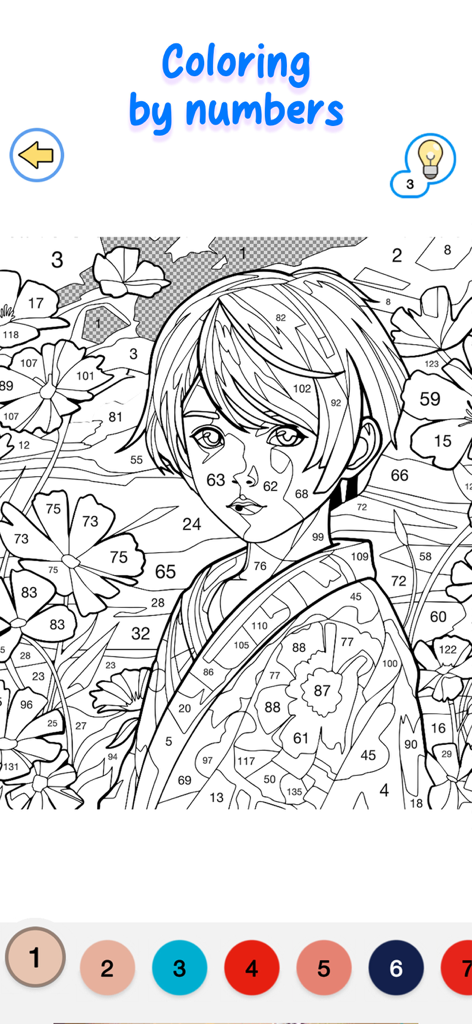 A coloring by numbers interface showing an uncolored drawing of a person in a kimono surrounded by flowers.