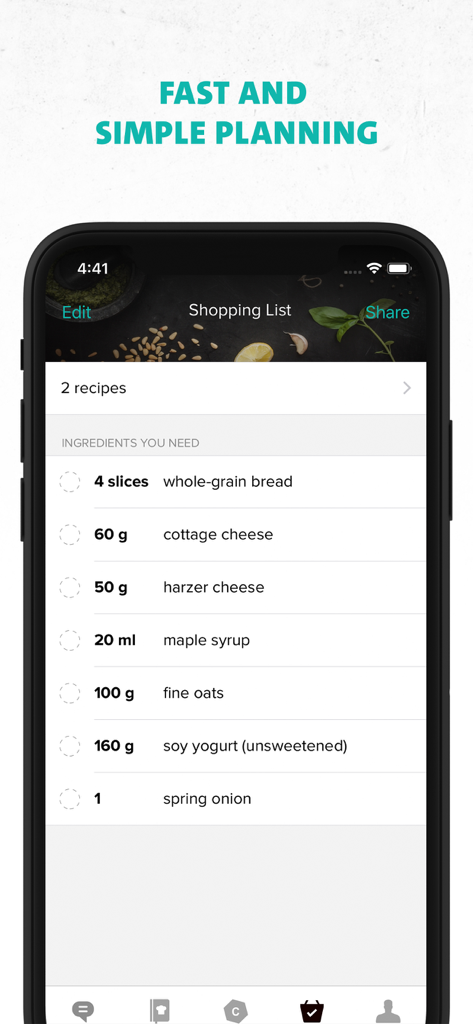 Liste de courses de l'application Freeletics Nutrition montrant des ingrédients tels que du pain complet et du fromage cottage pour la planification des repas.