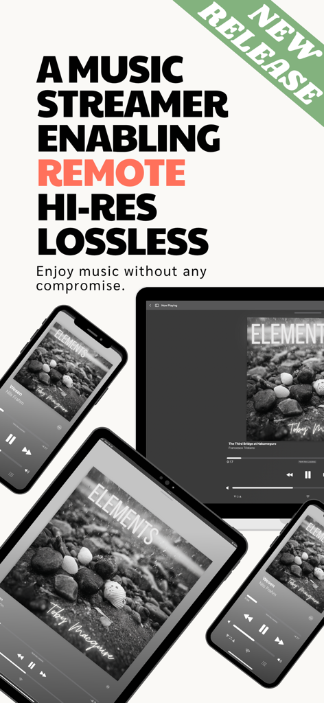 Interfaccia del lettore musicale Lysoniq visualizzata su iPhone e iPad che consente lo streaming audio remoto Hi-Res Lossless