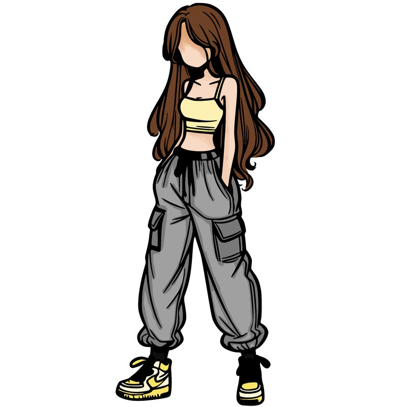girl in baggy pants crop top and long hair